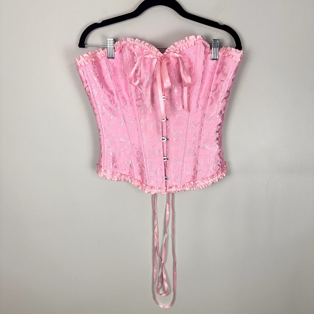 Pink Floral Jacquard Bustier Lace Up Corset Top Ruffle Hem Castle Fairy Small - Picture 7 of 14